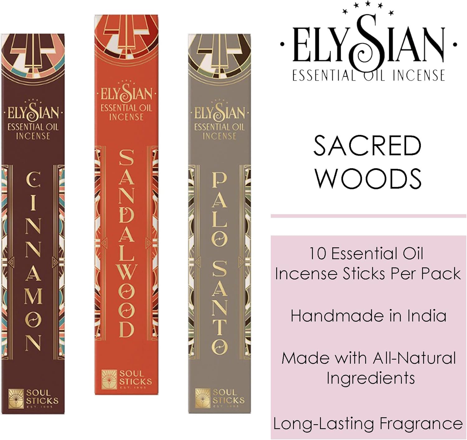 Soul Sticks Elysian – Juego variado de 3 unidades, 10 varillas por paquete, aceites esenciales naturales, juegos de incienso para aromaterapia