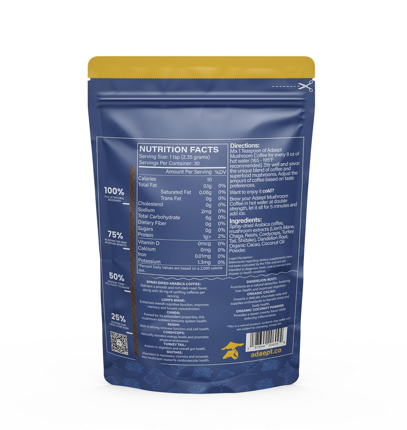 Adaept Café de hongos – Melena de león, Cordyceps, Reishi, Chaga, Shiitake y cola de pavo  Cacao peruano orgánico, raíz de diente de león y café
