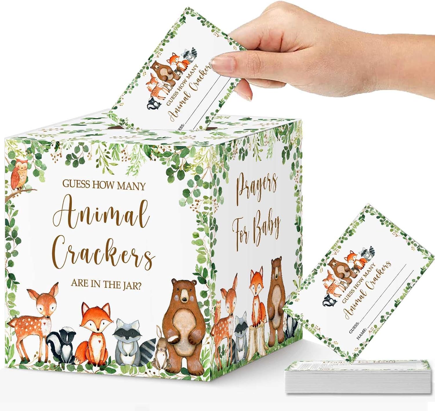 Woodland Guess How Many Animal Crackers – Juego de adivinanzas, caja de juego de adivinanzas para baby shower de bosque y oraciones para tarjetas de