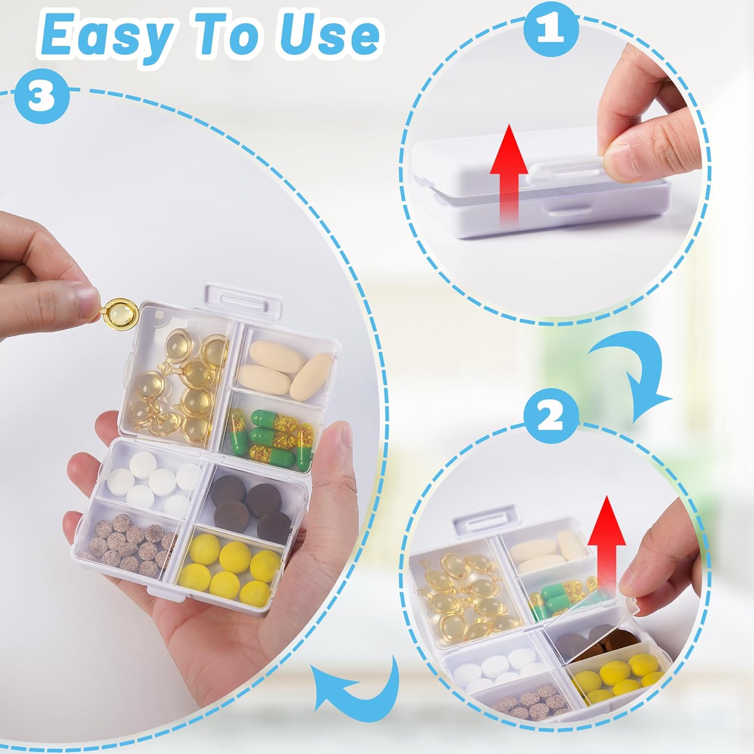 Pastillero de viaje  Pastillero diario portátil con 7 compartimentos, contenedor de píldoras, organizador de medicamentos, dispensador de píldoras,