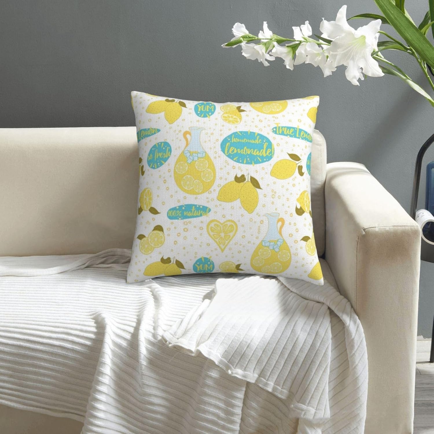 GEBSKI Yellow Lemon Throw Pillow Covers Watercolor Lemon with Green Leaves Pattern Pillow Case Decorative Square Cushion Cover for Sofa Couch Car