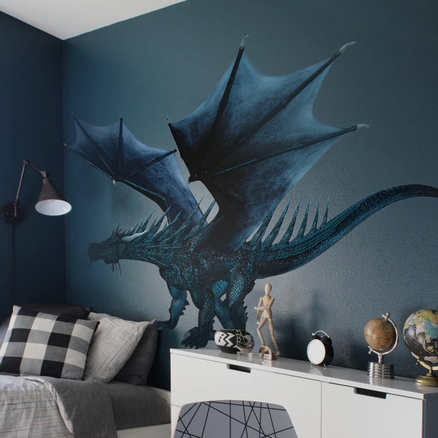 astrkiz Calcomanía de pared realista de dragón azul extra enorme, despegar y pegar, vinilo texturizado de dragón mural, decoración de pared de