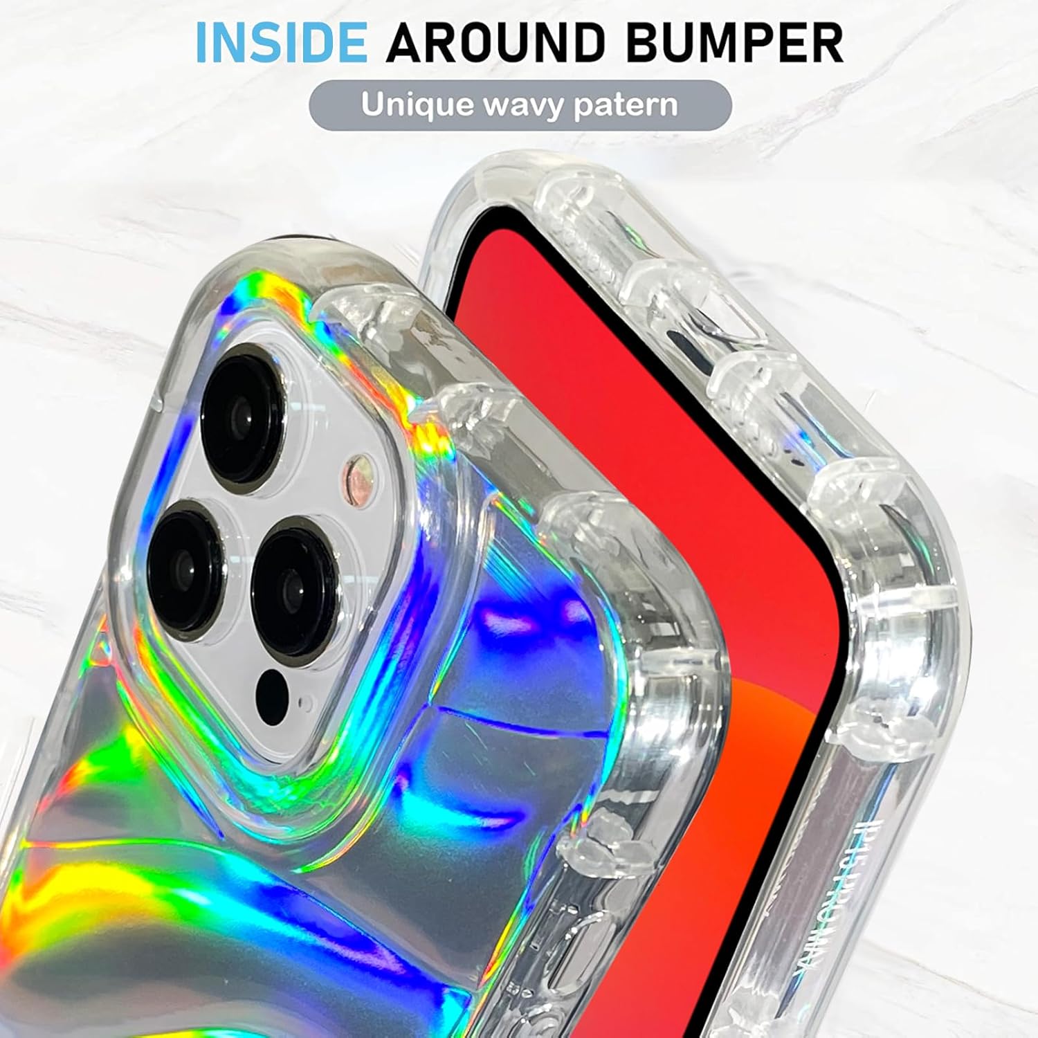 Bonoma Funda compatible con iPhone 15 Pro, funda brillante iridiscente con ondas de cristal fluorescente, protector de cámara + protector de