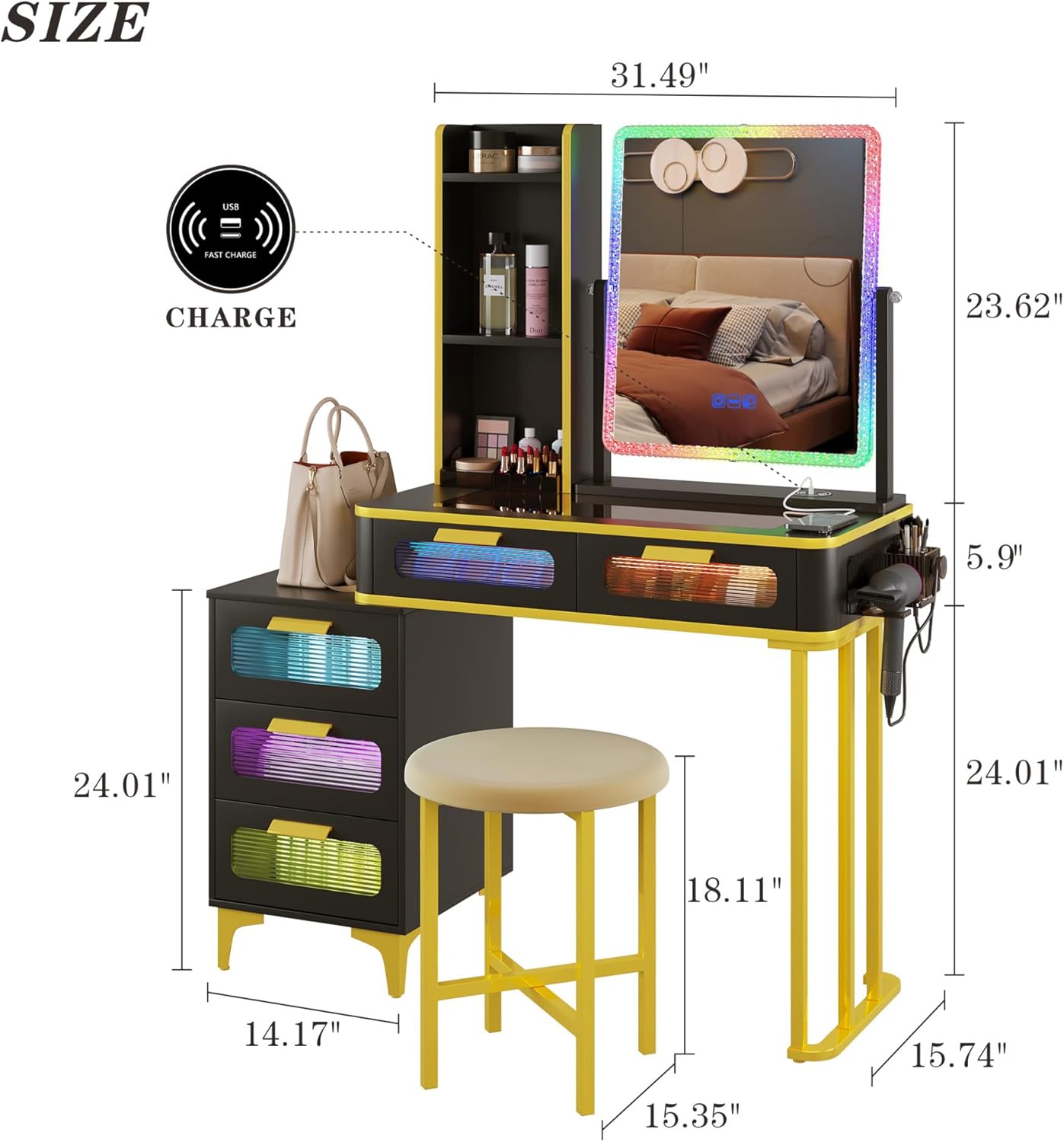 Escritorio de tocador con espejo y luces, mesa de tocador de cristal RGB para maquillaje con estación de carga inalámbrica, tocador para niñas y