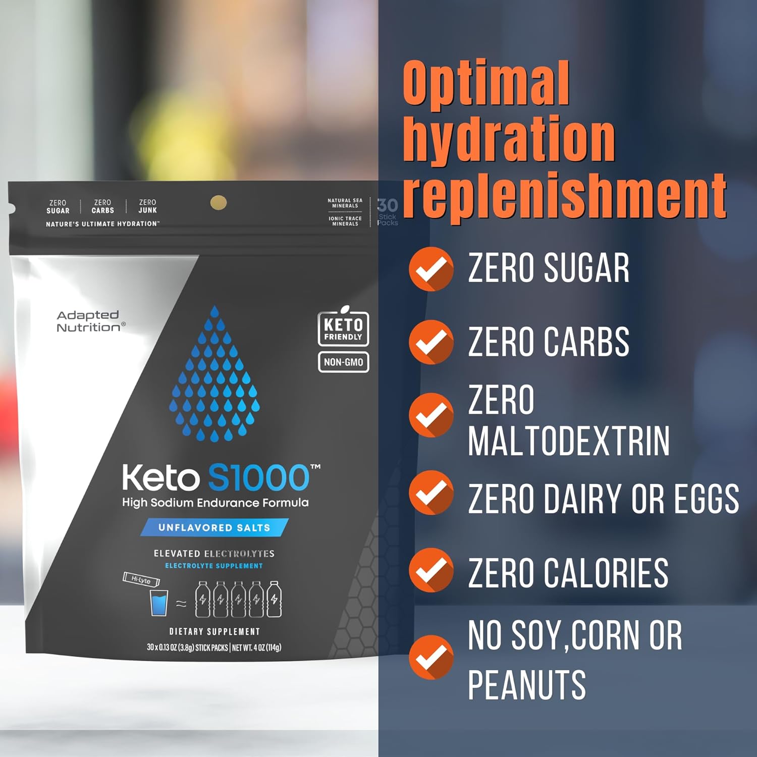 Keto S1000 – Paquetes de electrolitos en polvo  Apto para Keto y Paleo  Sin azúcar, sin calorías, sin maltodextrina  Limpio  30 paquetes de