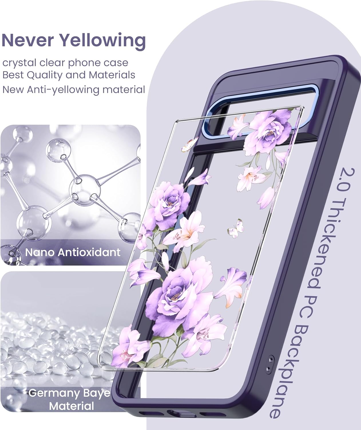 Funda para Pixel 8 Pro, Google 8 Pro protección de grado militar TPU suave y delgada y policarbonato duro, fundas con patrón de flores transparentes
