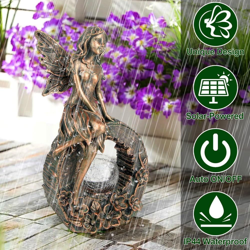 Estatuas de jardín al aire libre de 10.7 pulgadas, decoración de hada de flores, escultura de resina con energía solar para patio, césped, patio,