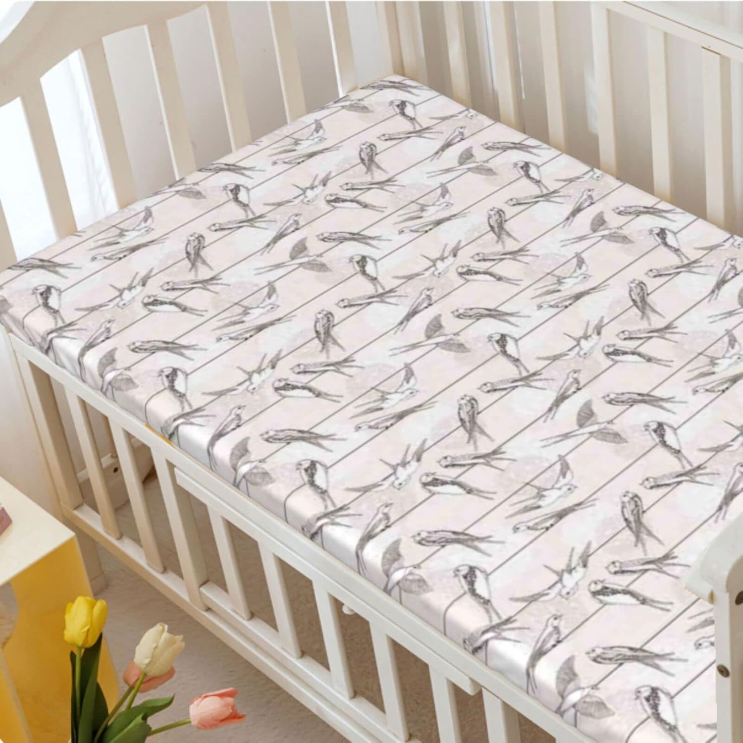 Sábana bajera ajustable para cuna con temática de pájaros, sábana bajera estándar para cuna, material ultrasuave, sábana de bebé para niños y niñas,