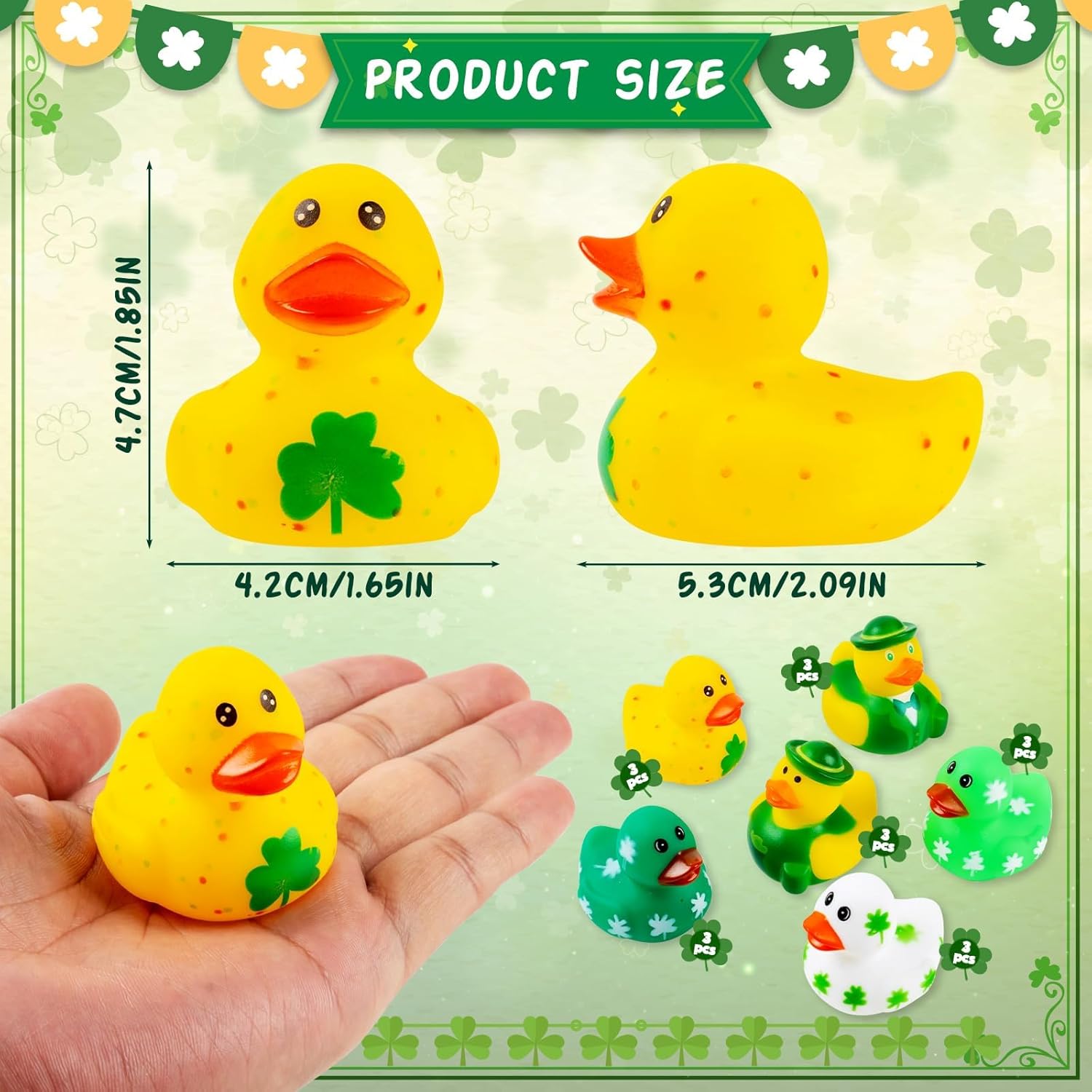 18 patos de goma para el día de San Patricio, 6 estilos, mini patos de goma verdes, trébol irlandés, divertidos juguetes de baño para niños,