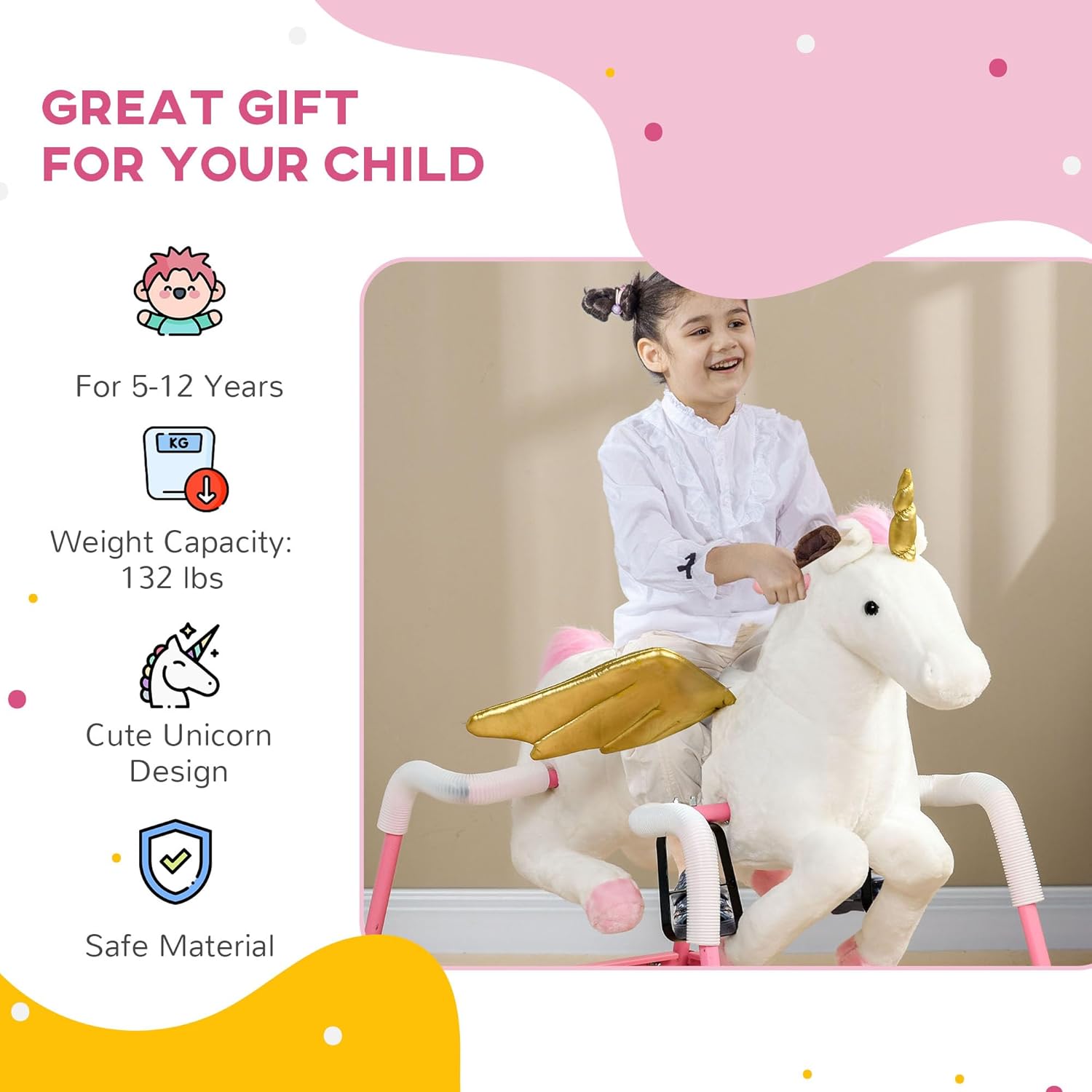 Qaba Caballo mecedor de primavera, para niños de 5 a 12 años, juguete con sonido, diseño de unicornio, rosa