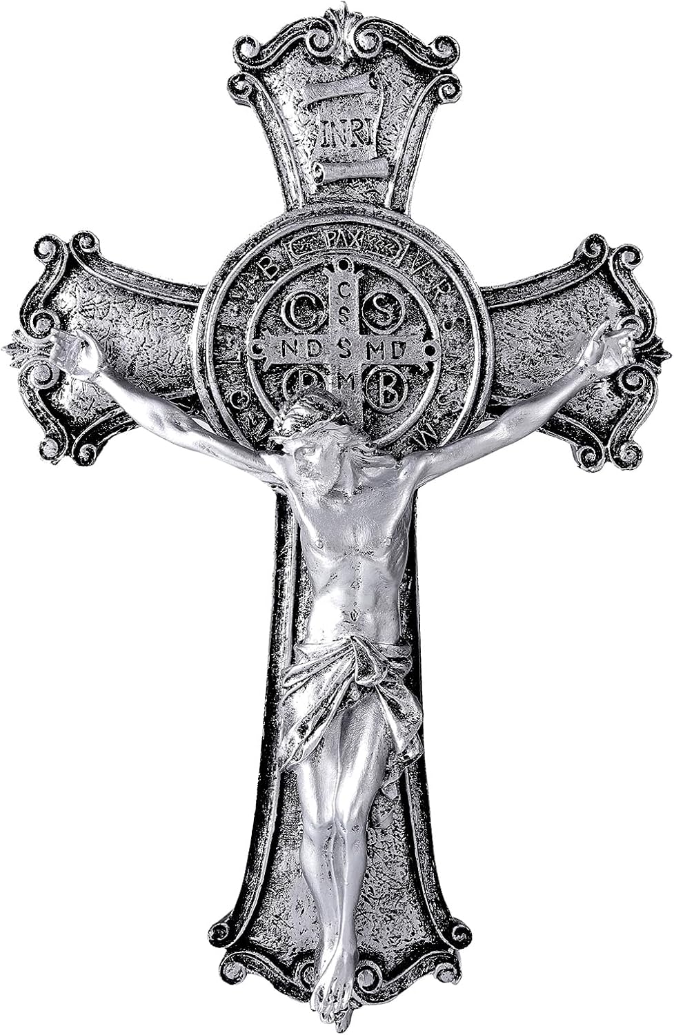 Taprion Crucifijo – Cruz de pared de resina de San Benito – Cruz plateada de 10 pulgadas da bendición y lo sagrado espiritual regalo de fe para tus