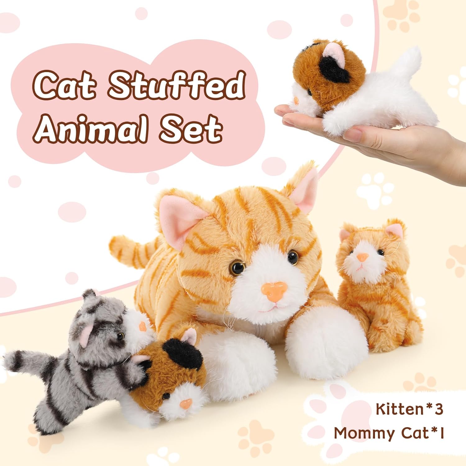 Muiteiur 4 gatos de peluche, 15.7 pulgadas, gato de peluche con 3 gatitos rellenos en bolsa con cremallera, lindos gatos amarillos de peluche para