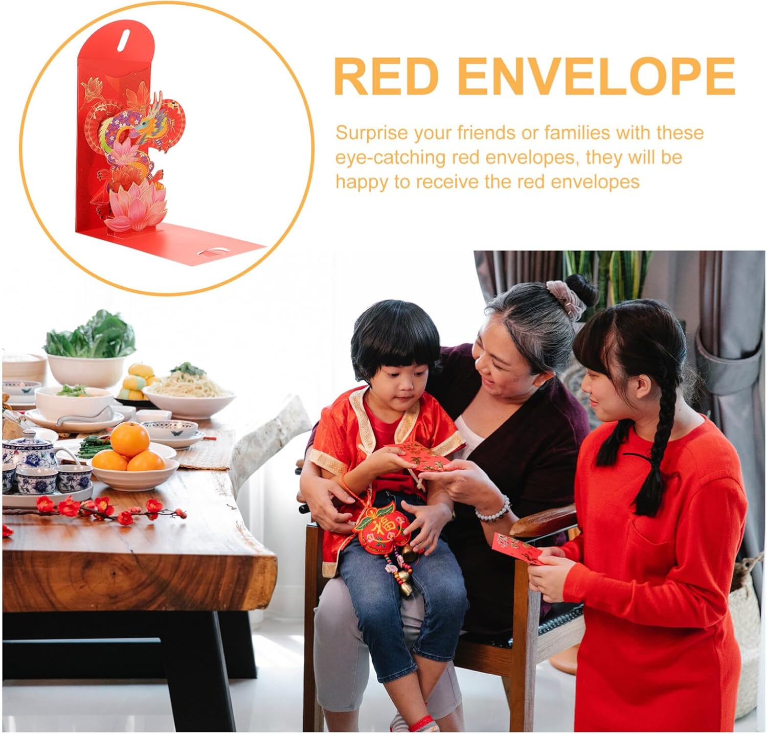 Vaguelly Sobres rojos de año nuevo 3D 2024, 4 unidades, loto chino, carácter, año del dragón, Fengshui, Fortuna, sobre Hong Bao Lucky Money Red