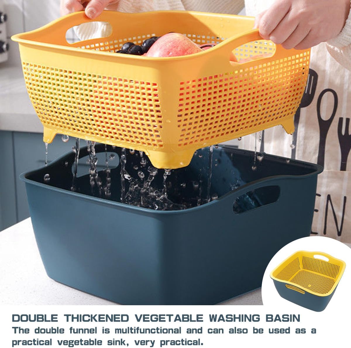 LNQ LUNIQI Cesta de drenaje de doble capa, cesta de plástico para lavar frutas, verduras, cesta de almacenamiento de alimentos, fregadero de