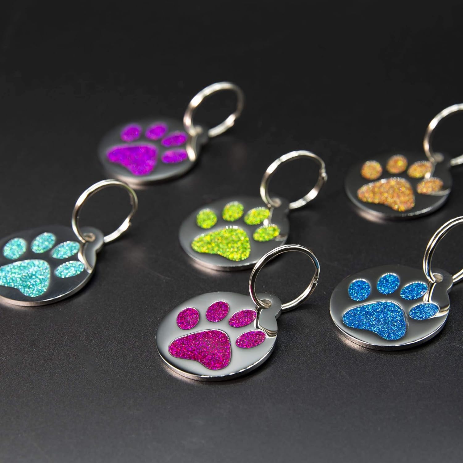 Etiqueta grabada para mascotas para perros y gatos, personalizada con 4 líneas de identificación grabada, huella de pata redonda, acero inoxidable