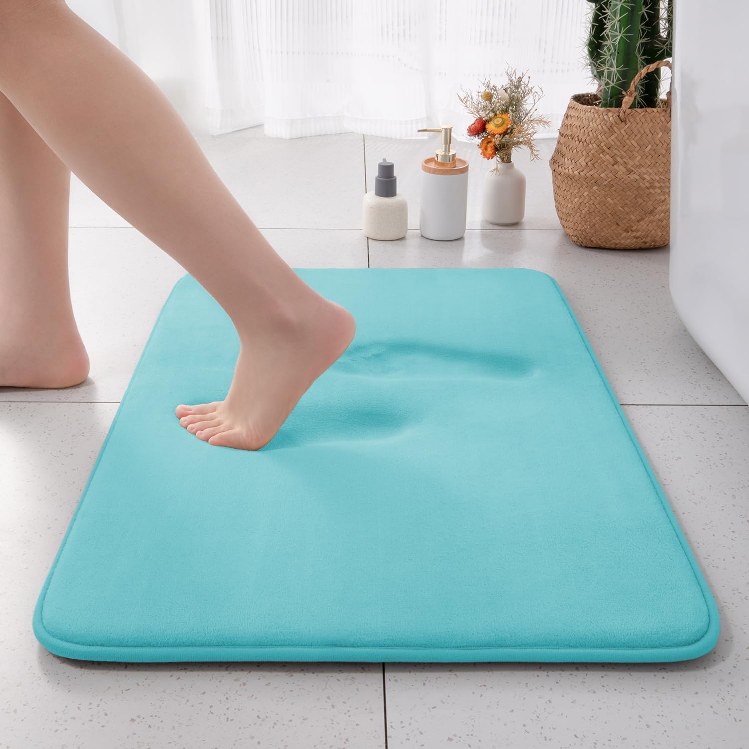 YIHOUSE Tapete de baño de espuma viscoelástica extra grueso, 20 x 32 pulgadas, color verde azulado, ultra suave, antideslizante, súper absorbente,