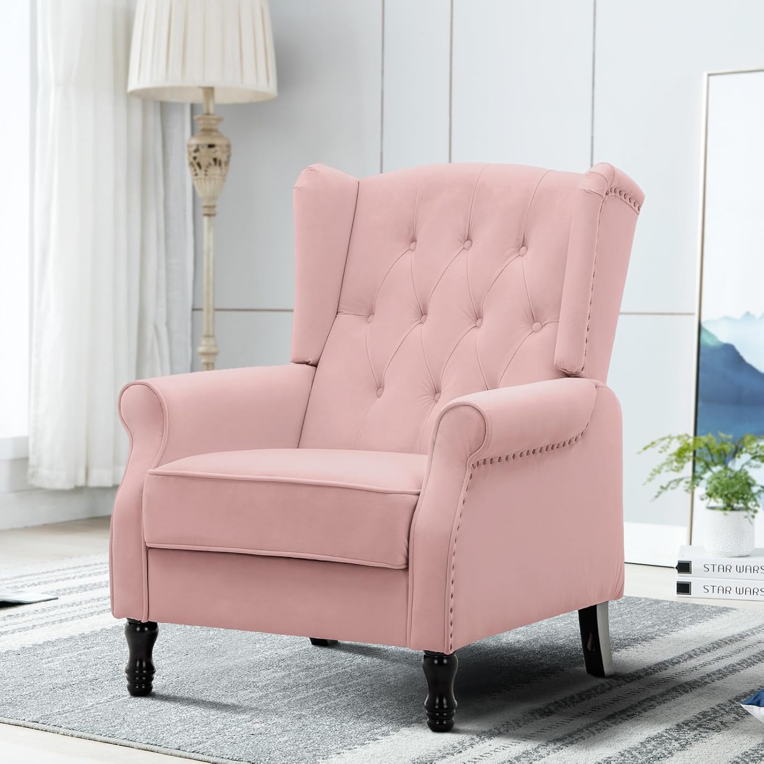 Artechworks Silla decorativa moderna de tela alada, silla de club con brazos copetudos, sofá individual de lino con patas de madera, cómoda tapizada