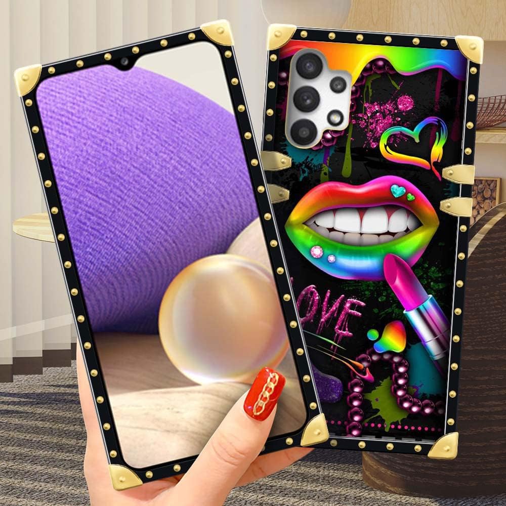 Yuning419 Funda compatible con Samsung Galaxy A32 5G, Lipstick Lips A32 5G para niñas y mujeres, funda cuadrada de lujo de TPU suave a prueba de