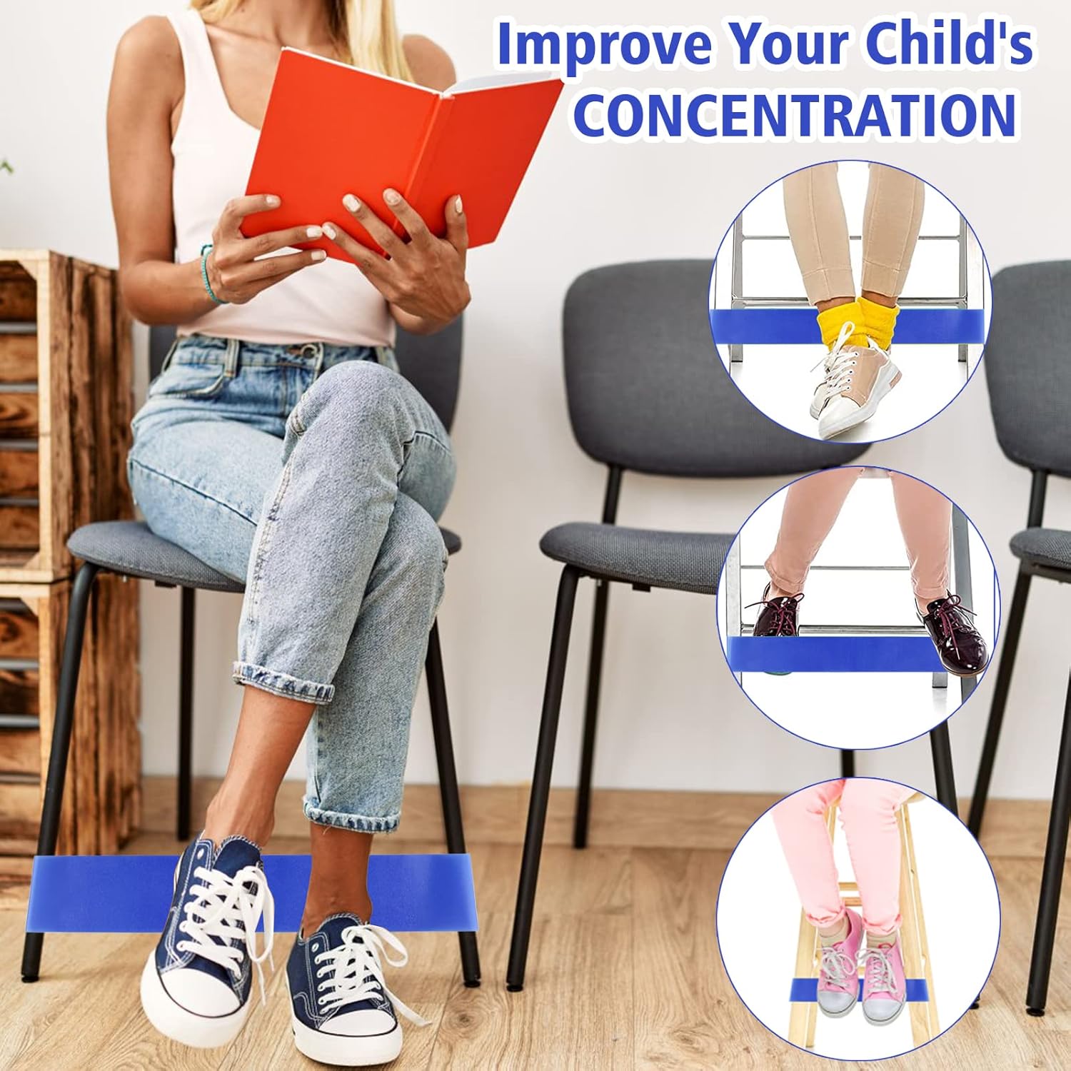 PLULON Paquete de 15 bandas para sillas para niños con pies inquietos, bandas elásticas para pies, bandas para ansiedad, asientos flexibles para