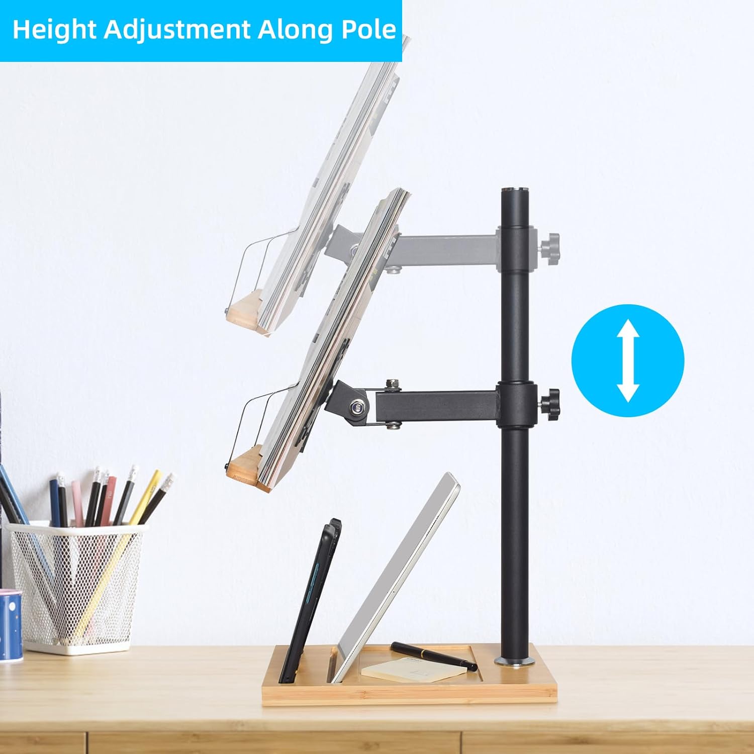 wishacc – Soporte ajustable para libros, con ranura para teléfono y clips para página, plegable para libros de cocina, partituras, laptop, receta,