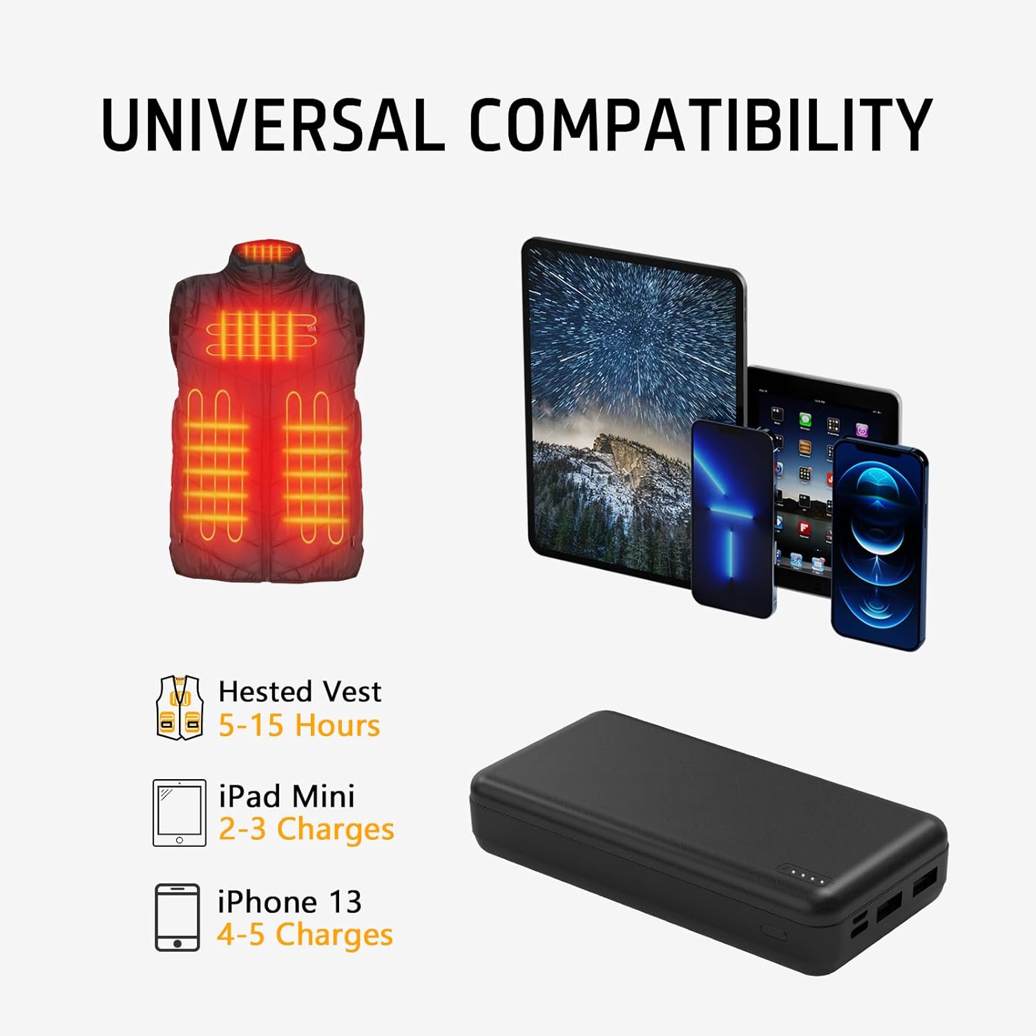 Paquete de batería 5V2A de 20000 mAh para chaleco calentado, chaqueta calentada, banco de energía para calefacción, chalecos eléctricos, chaquetas,