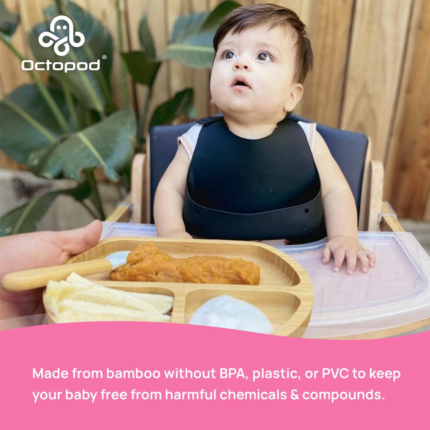 Abiie Octopod – Plato de bambú para niños de 4 meses en adelante, platos para bebés de 3 compartimentos con succión, plato triangular de bambú para