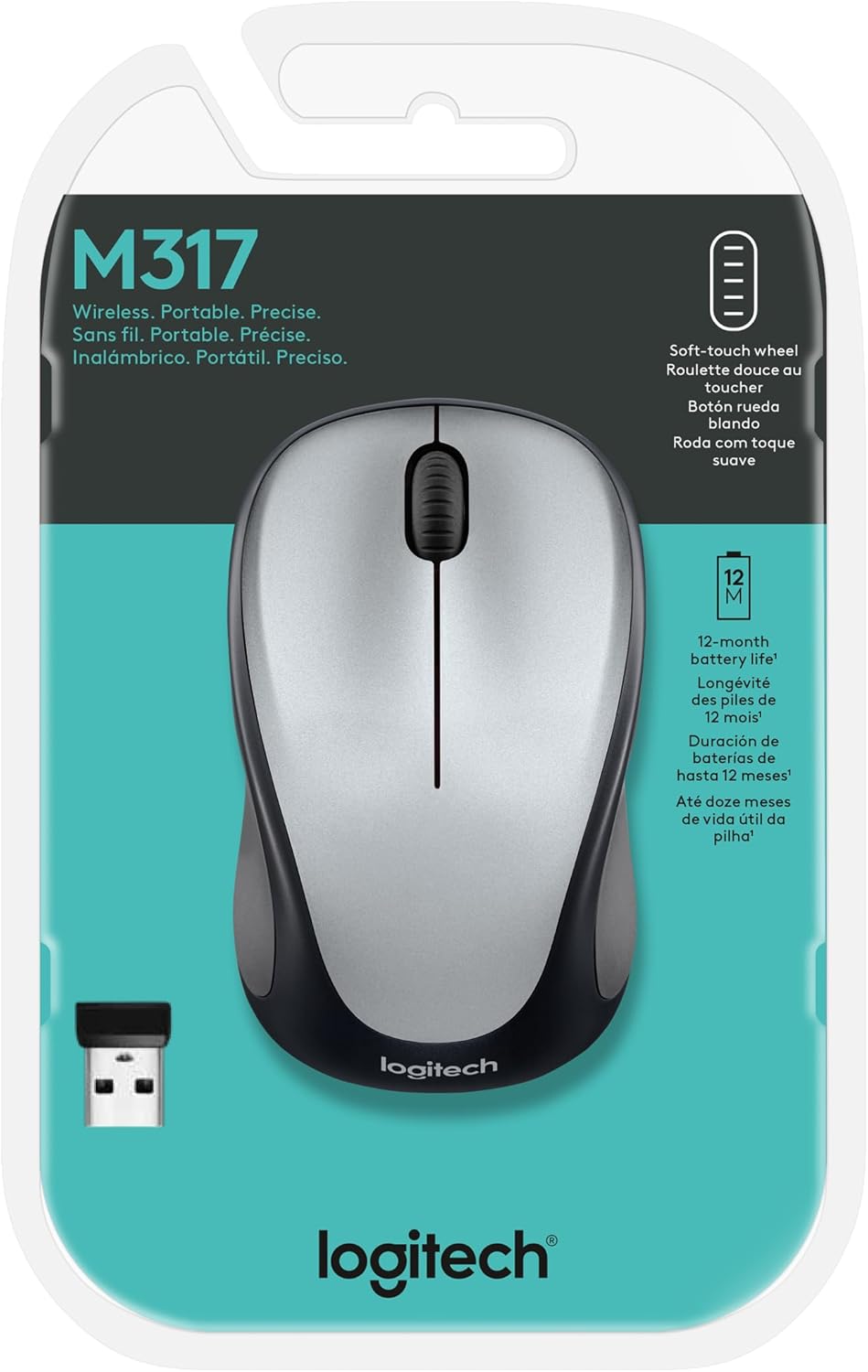 Logitech Mouse inalámbrico M317, 2.4 GHz con receptor USB, seguimiento óptico de 1000 DPI, batería de 12 meses, compatible con PC, Mac, laptop,