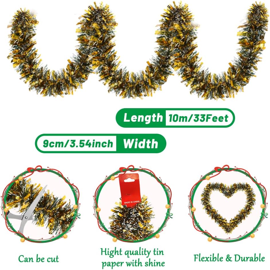Guirnalda de oropel de Navidad de 33 pies para decoración de árbol de Navidad, serpentinas metálicas gruesas y finas, guirnalda de oropel para