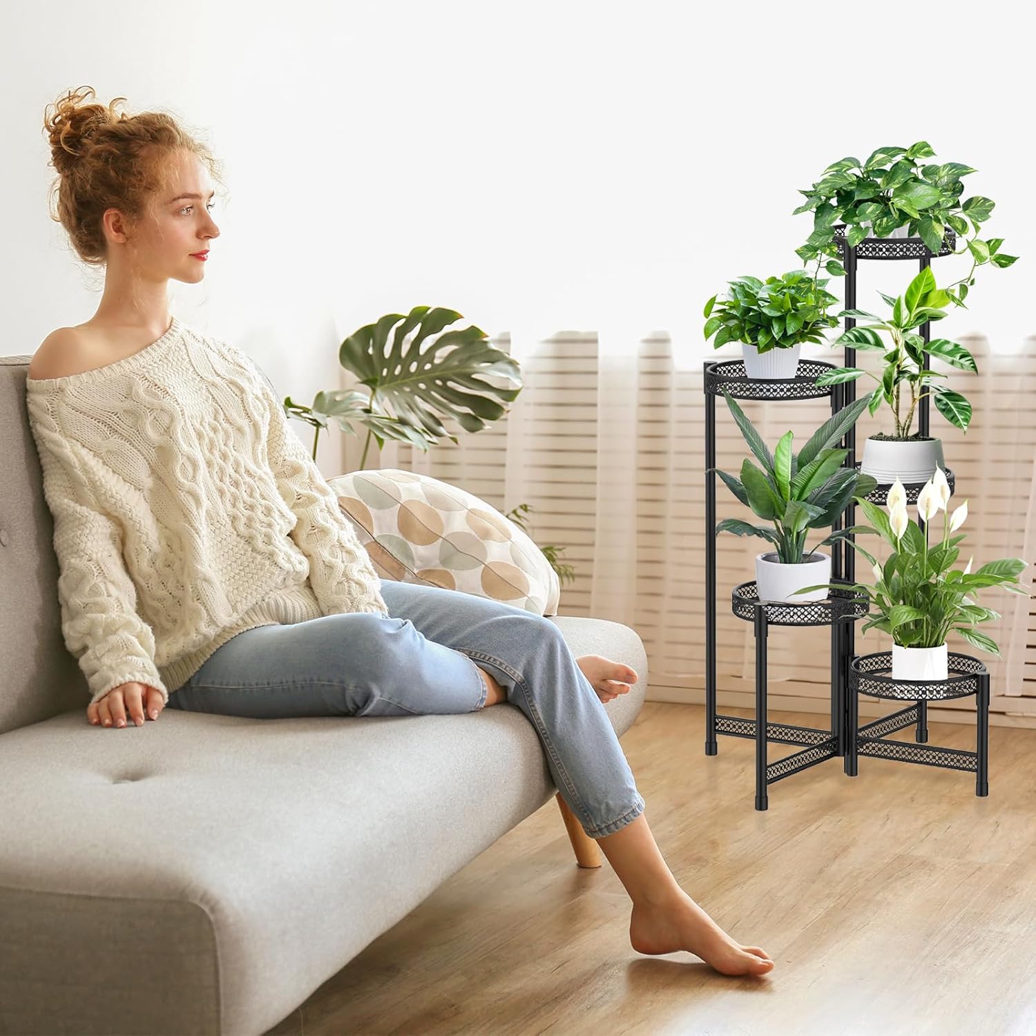 Soporte de metal para plantas de 5 niveles para interiores y exteriores, soporte plegable para plantas de múltiples niveles, estante para macetas de