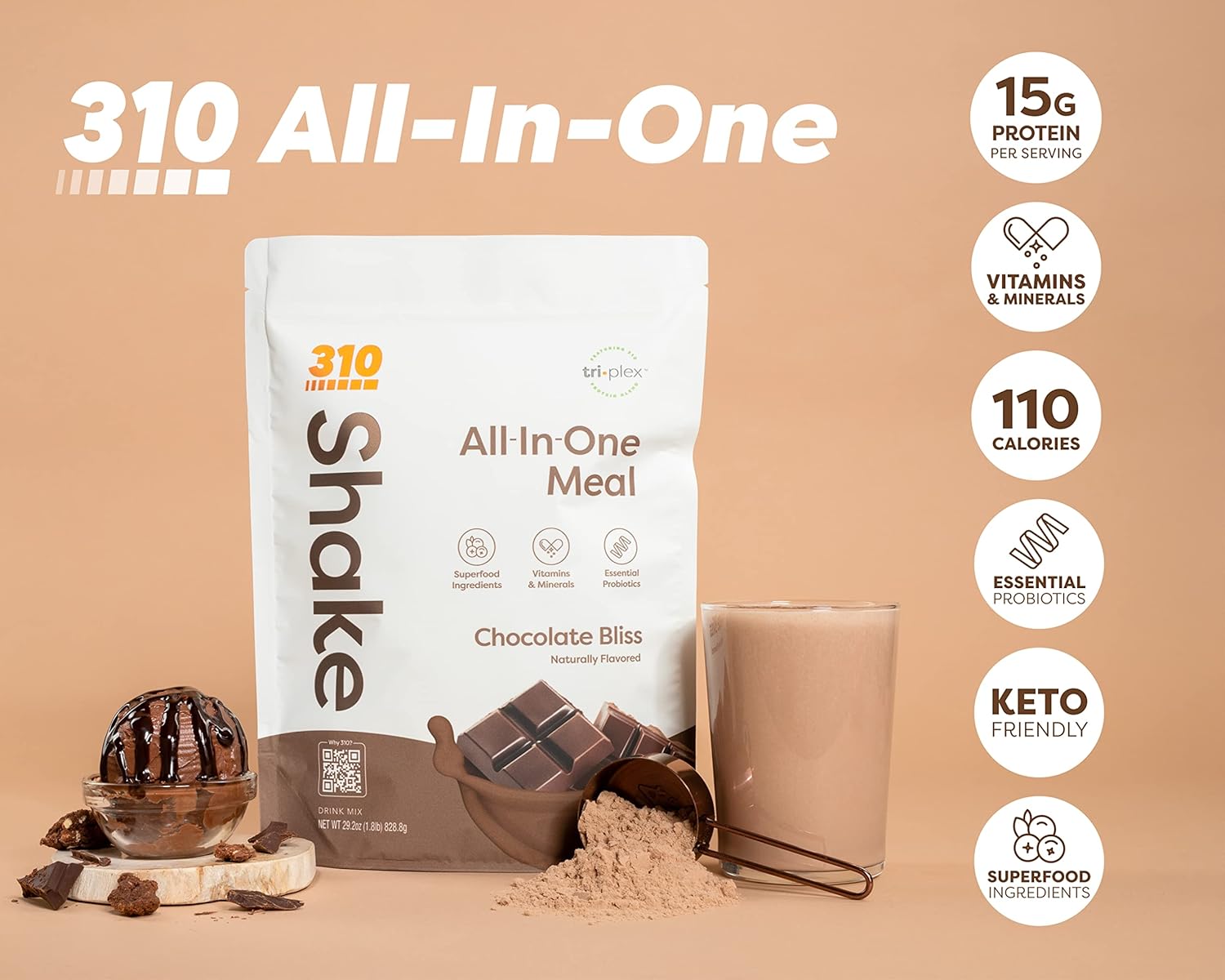 310 Nutrition Batido de reemplazo de comidas todo en uno con taza agitadora, nueva fórmula con mezcla de superalimentos veganos ricos en fibra,