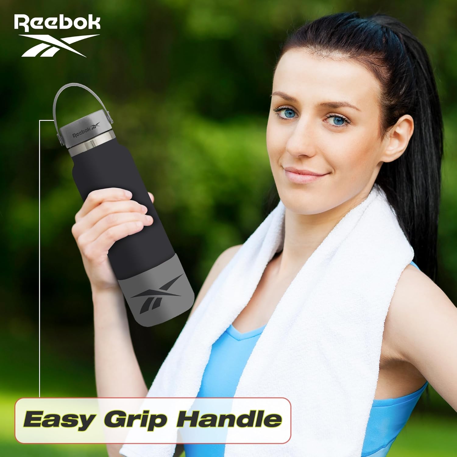 Reebok Botella de agua deportiva de acero inoxidable con asa, botella de agua aislada de 40 onzas, botella de agua deportiva aislada al vacío de