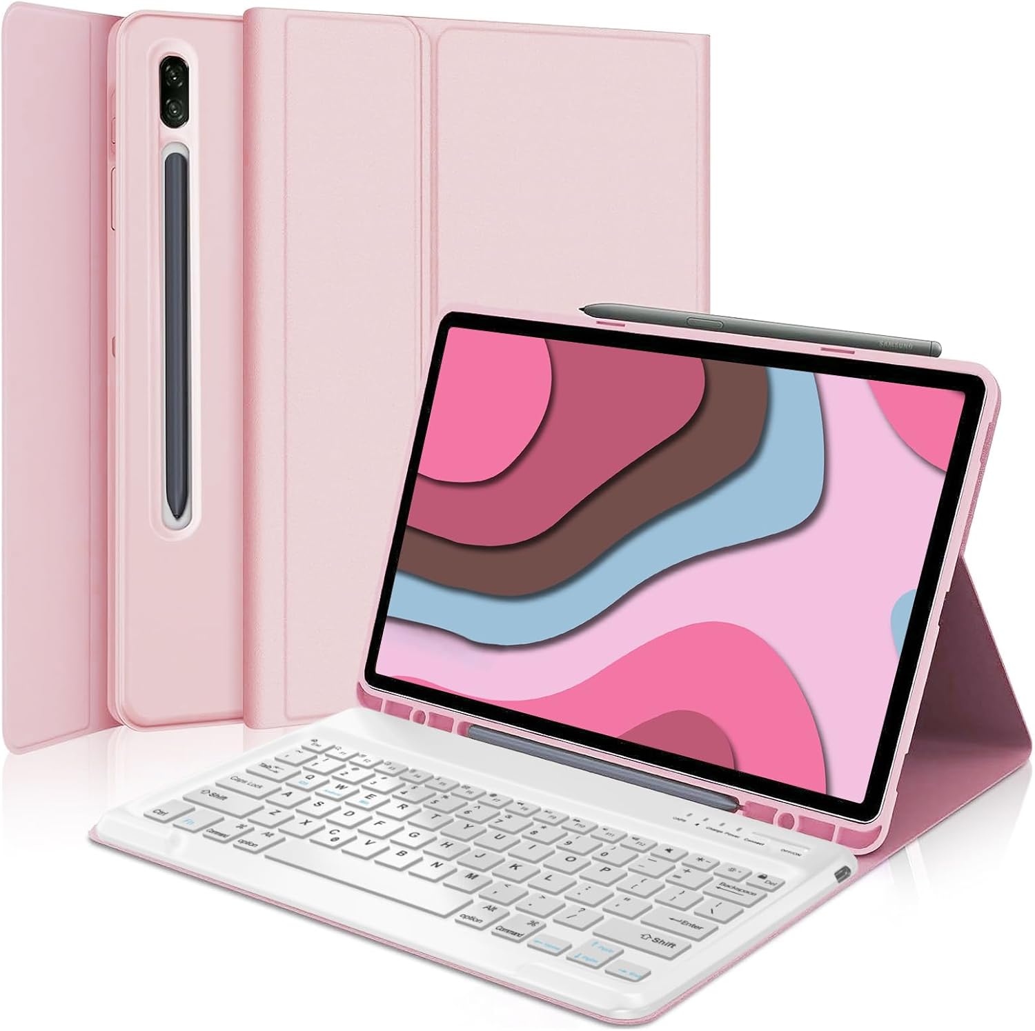 Funda para Samsung Galaxy Tab S7 FE (5G)S8 PlusS7 Plus con teclado, teclado Bluetooth inalámbrico desmontable, funda protectora con soporte, funda
