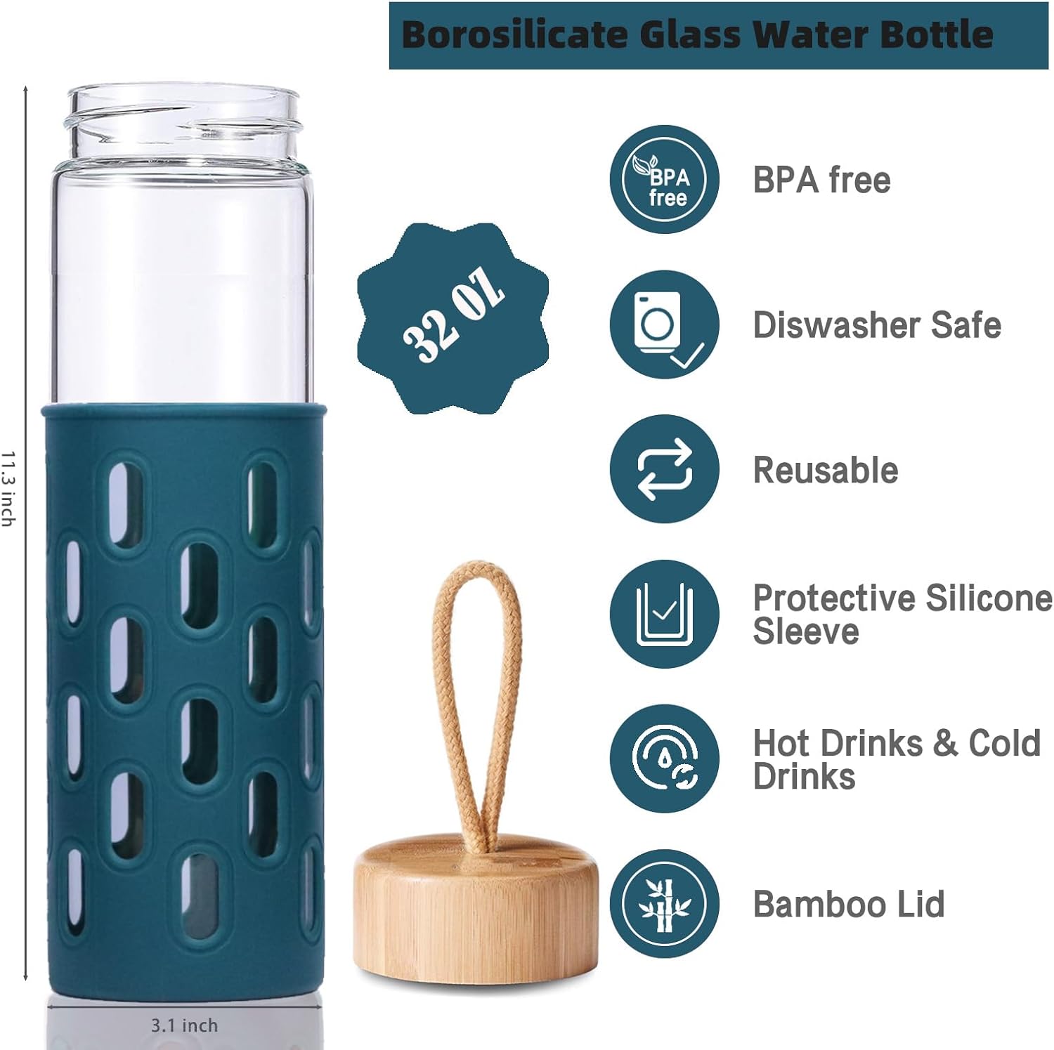 Botellas de agua de vidrio de 32 onzas de borosilicato natural de boca ancha reutilizable con funda de silicona, lindas botellas de agua para