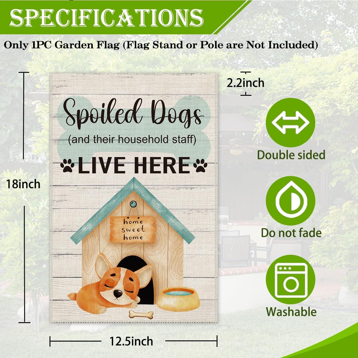 Hafhue Spoiled Dogs and Their Household Staff Live Here – Bandera de bienvenida para jardín, patio, decoración de granja al aire libre, impresión
