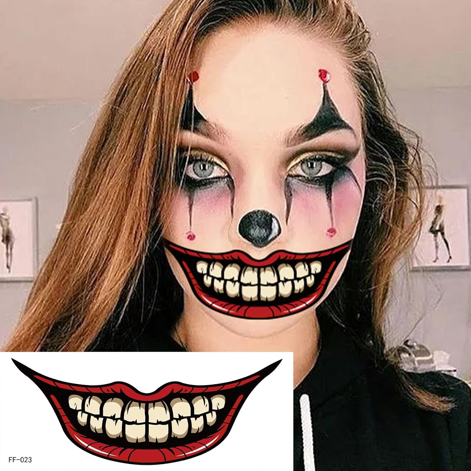 Calcomanías temporales de tatuajes para Halloween, 10 hojas de tatuajes de cara de Halloween, boca de broma, tatuajes de maquillaje, calcomanías de