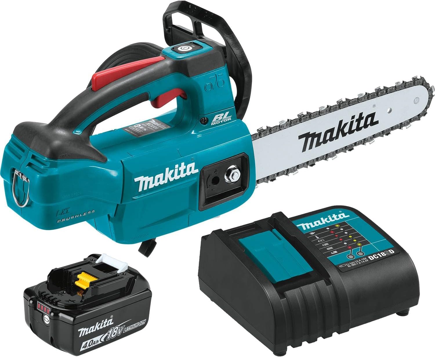 Makita XCU06SM1 – Kit de sierra de cadena de iones de litio sin escobillas de 10 pulgadas con mango superior (4.0Ah) con batería adicional BL1840B