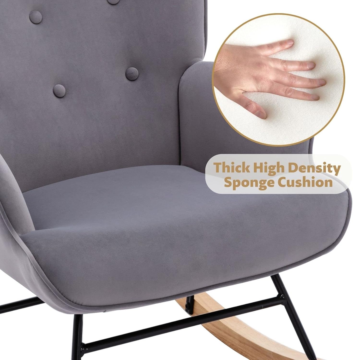 Mecedora de terciopelo para habitación del bebé, silla mecedora para interiores con respaldo de ala, con base de madera maciza, cómoda silla