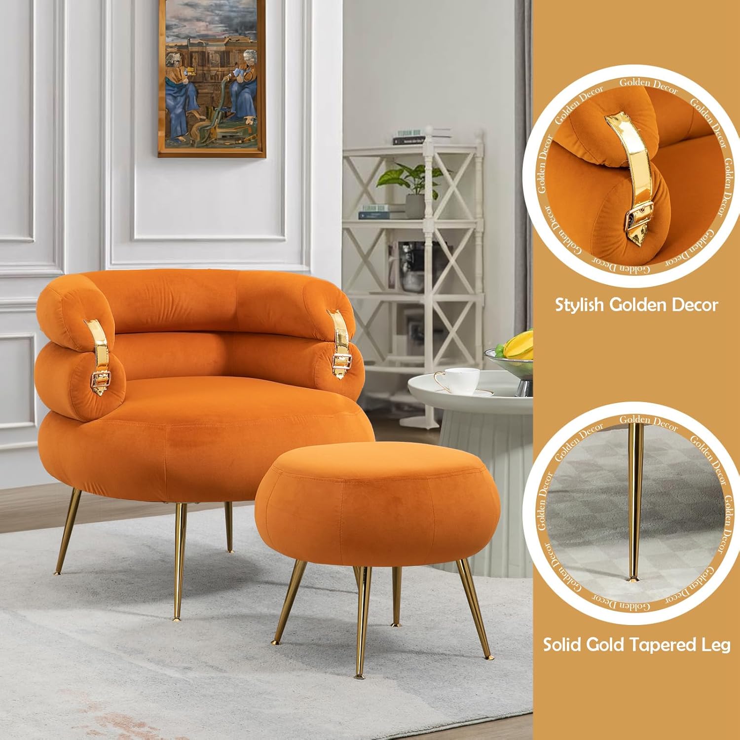 Antetek Silla decorativa moderna de terciopelo con otomana, sillón tapizado con elegante decoración dorada, cómoda silla de descanso para sala de