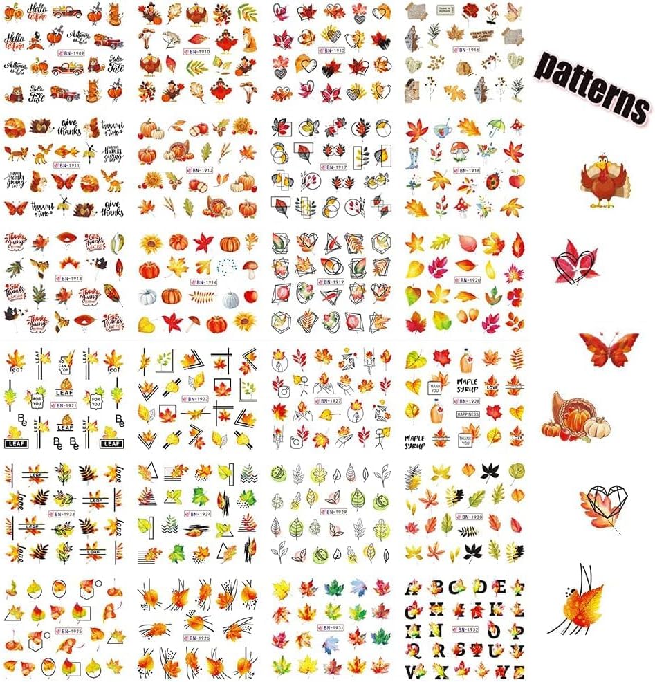24 hojas de calcomanías de uñas de otoño, Acción de Gracias, calcomanías de arte de uñas de pavo, hoja de arce, calabaza, diseño de uñas,