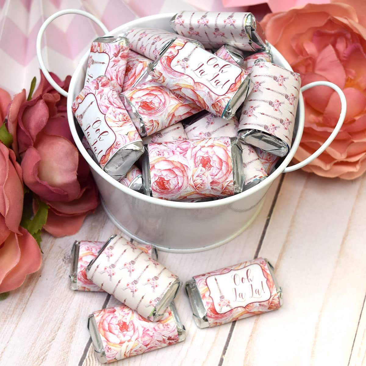 Ooh La La Acuarela Floral París Cumpleaños Mini Chocolate Candy Bar Envolturas para Niños, 45 etiquetas envolventes de 1.4 x 2.6 pulgadas por