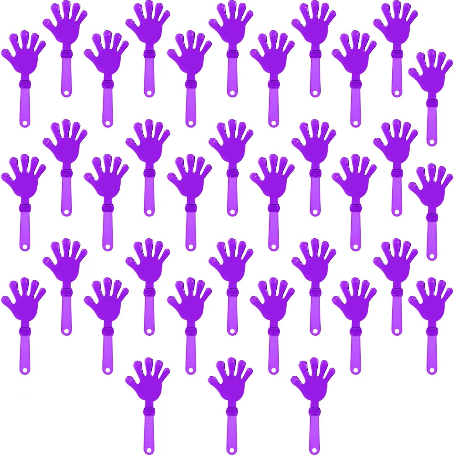 36 unidades de pinzas de mano moradas lilas de 7.5 pulgadas, que hacen ruido, regalos de fiesta, plástico para fiestas, eventos deportivos, saludos,
