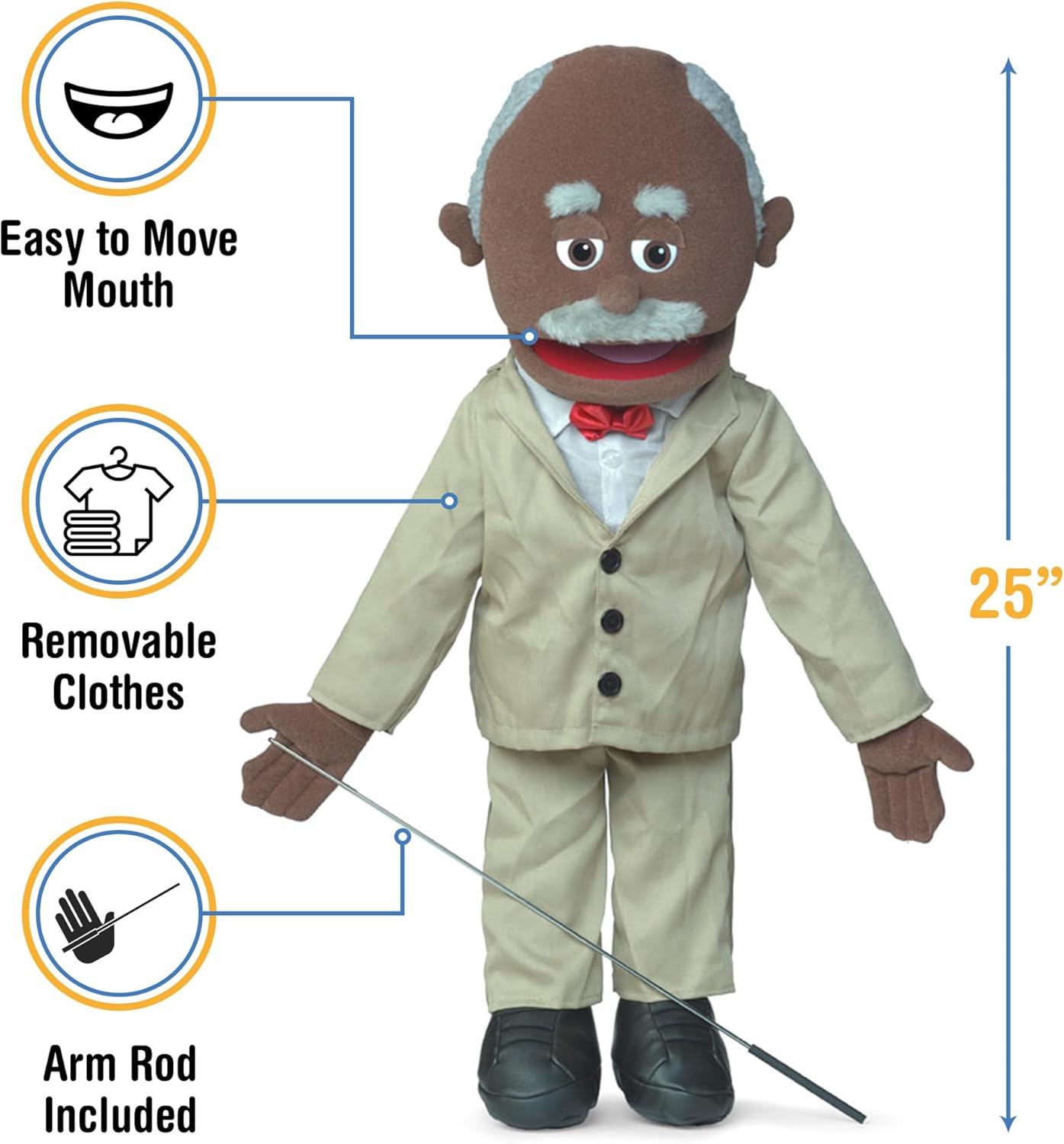 Marioneta estilo ventrílocuo de 25 pulgadas, abuelo negro, cuerpo completo