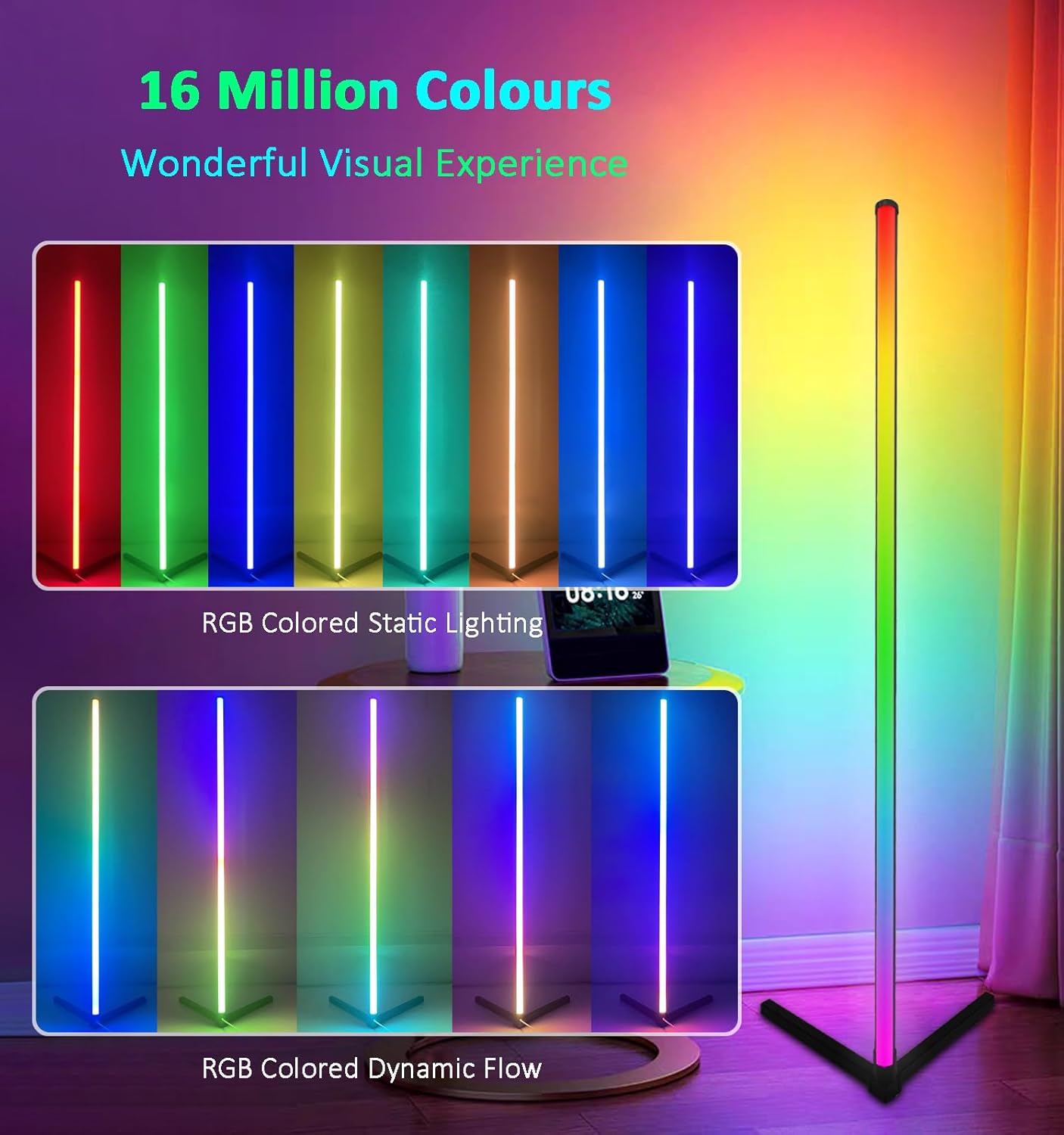 Lámpara de pie de esquina RGB, iluminación de estado de ánimo que cambia de color con aplicación y control remoto, sincronización de músicacolores