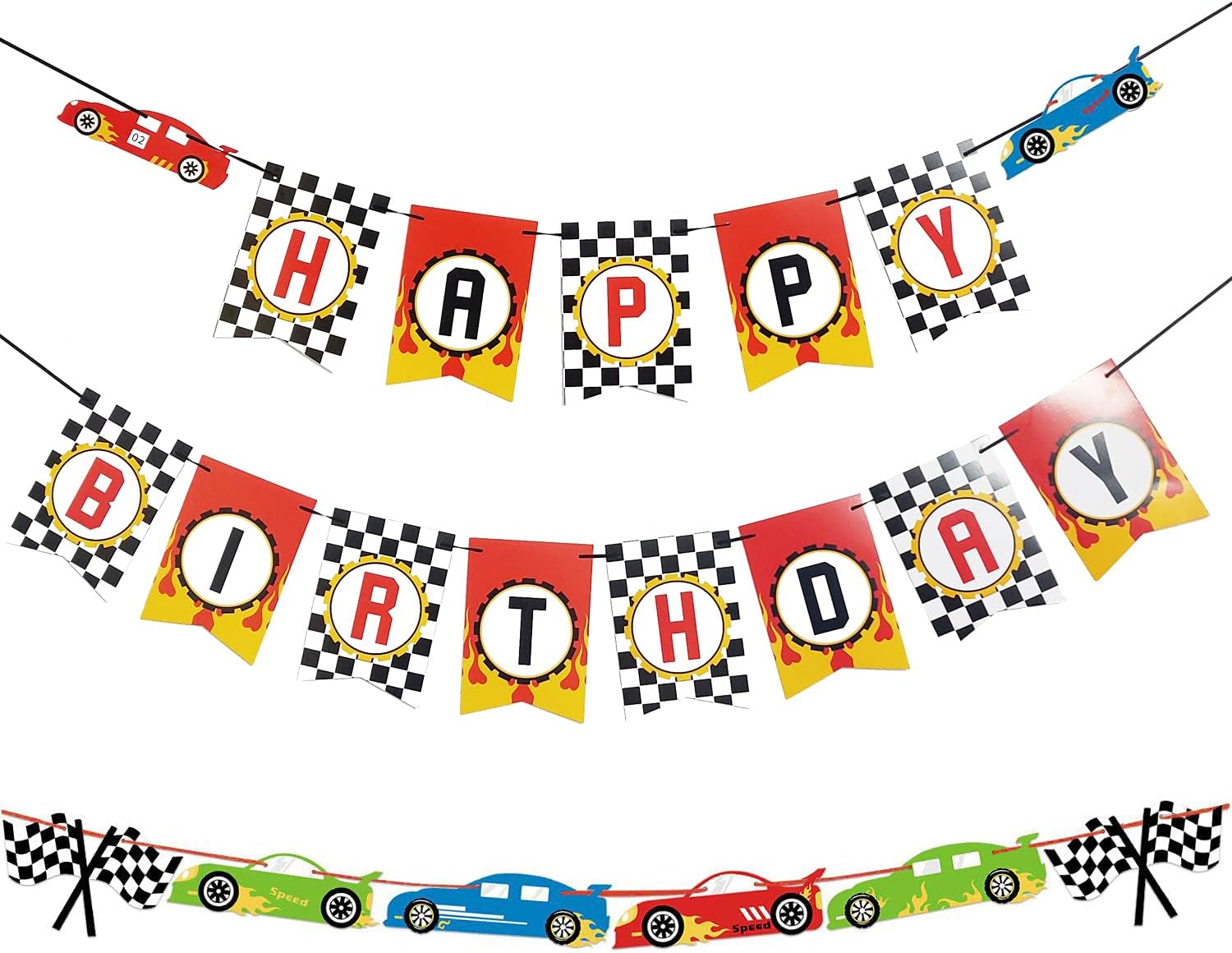 Cartel de feliz cumpleaños de coche de carreras, letrero de fiesta de carreras, bandera a cuadros con texto en inglés “Let’t Go Racing”, suministros