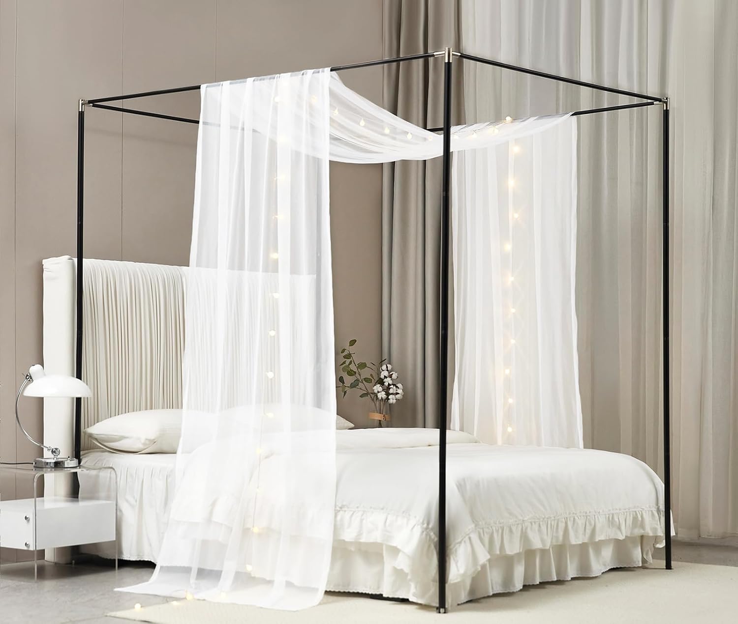 Akiky Cortinas de cama con toldo de princesa ligera para marco de cama matrimonialqueen, marco de madera, cortina transparente de 2 paneles