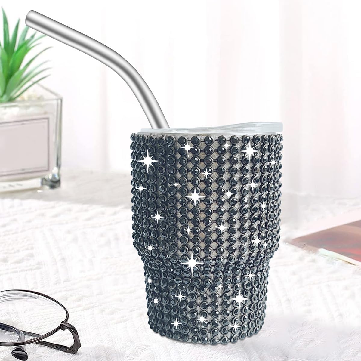 INSTOME Bling Mini vaso de chupito, vaso de chupito de 3 onzas, vaso de chupito de diamante con pajilla, vaso de chupito pequeño con purpurina para