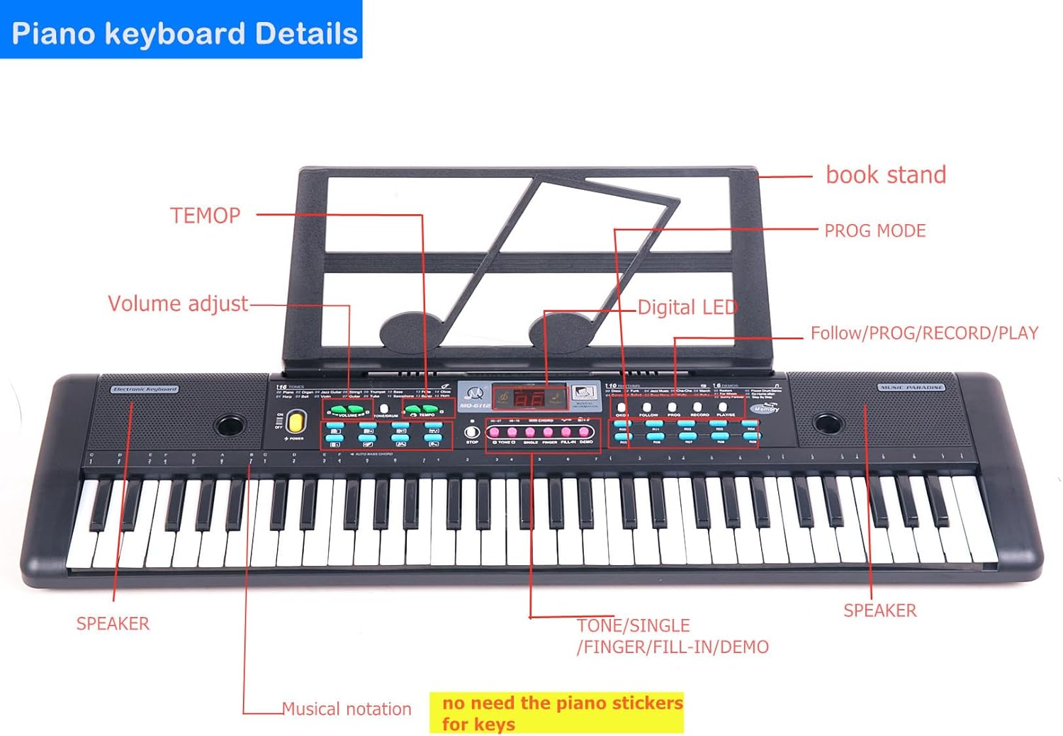 Teclado Piano Digital Eléctrico Teclado de Música Teclado Electrónico de 61 Teclas para Cumpleaños para Niños Principiantes con Soporte de Hoja