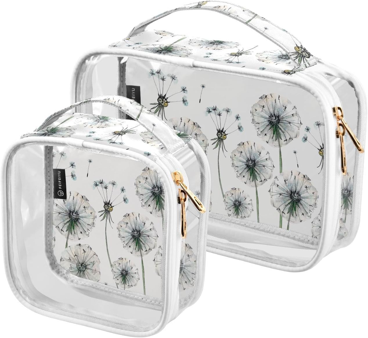 ZOEO Estuche de viaje transparente, paquete de 2 bolsas de maquillaje, dientes de león, flores, neceser, cosméticos, portátil, organizador portátil