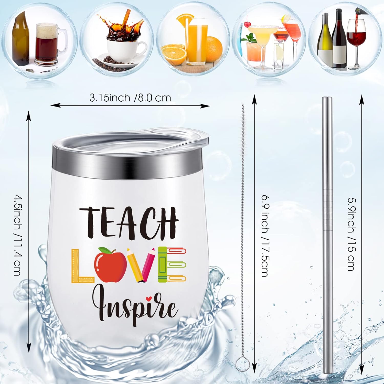 Vaso de vino de 3 piezas de 12 onzas con texto en inglés “Teach Love Inspire – It Takes a Big Heart To Help Shape Little Minds – Bolsa de cosméticos