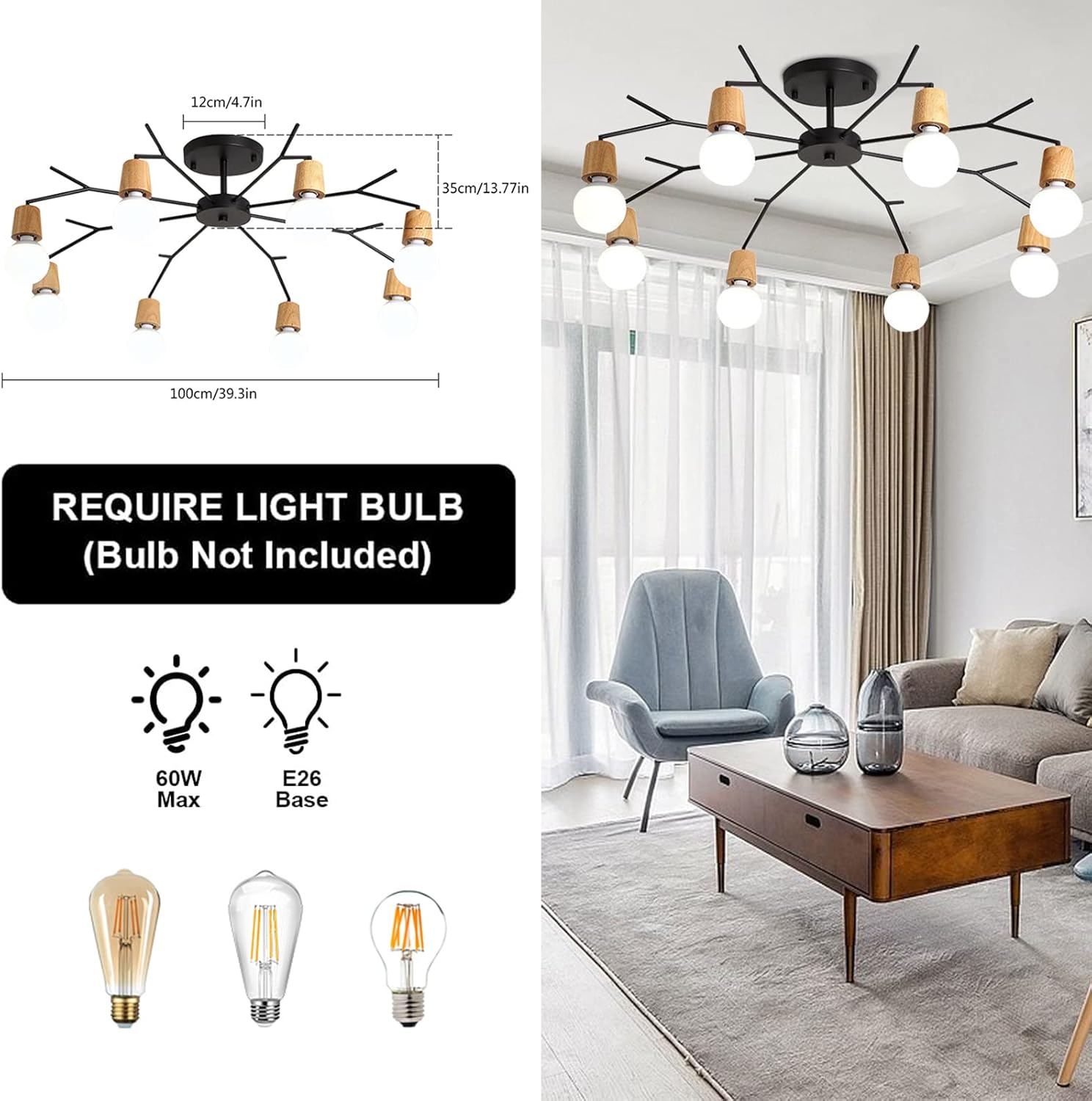 Lámpara de techo moderna de 6 luces, enchufe de bombilla E26 de montaje semiempotrado, lámpara de araña negra y dorada para dormitorio, sala de